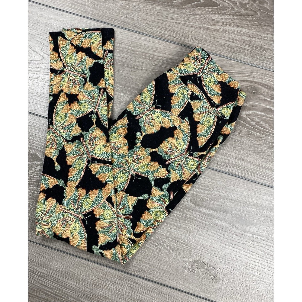 Lularoe Women's Pull On Butterfly Pattern Leggings Black Green One Size